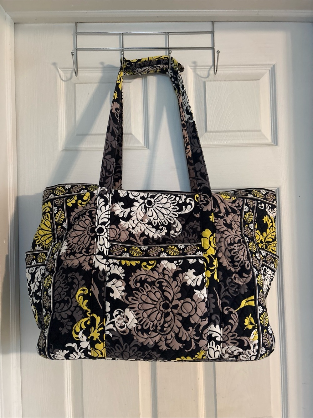 Vera Bradley LARGE Baroque Quilted Tote Bag Black Yellow Gray Retired 23x13” EUC